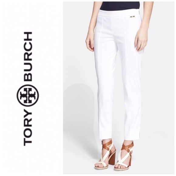 TORY BURCH Callie Skinny Ankle Pant Side Zip White Jean Designer Sz 4 - Picture 1 of 14